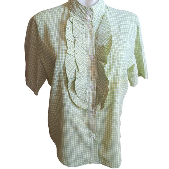 Large Vintage Green Plaid Short-Sleeve Ruffle Blouse Top With High Collar 1970's - Picture 2 of 7